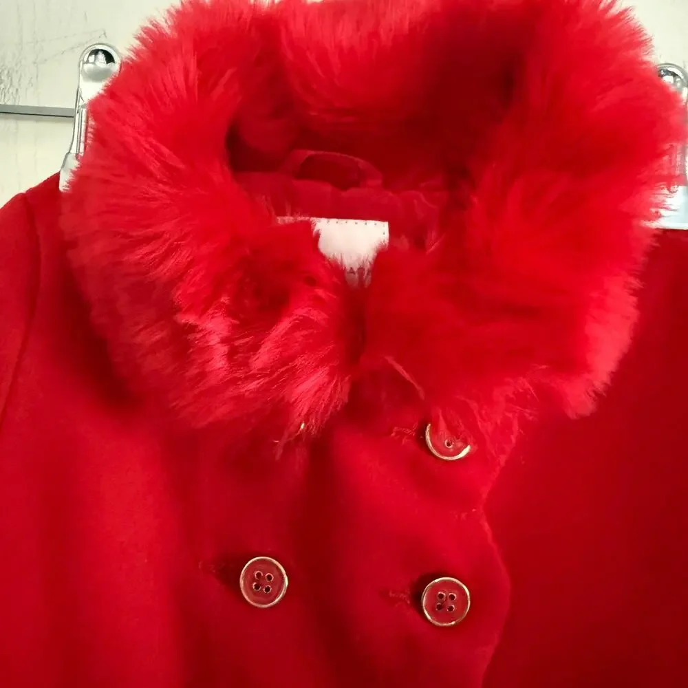 JANIE and JACK | Girl's Red Faux Fur Trimmed Scallop Detail Jacket 18-24 Months